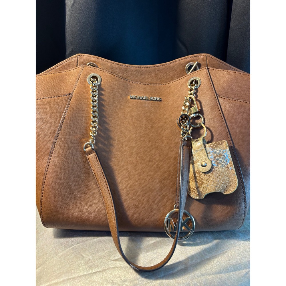 Michael Kors Jet Set Large EW Chain Tote Luggage Brown Saffiano Leather Handbag